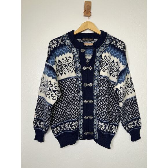 Nordstrikk Wool Fair Isle Blue White Print Sweater Cardigan Women's Size Small - Picture 1 of 7
